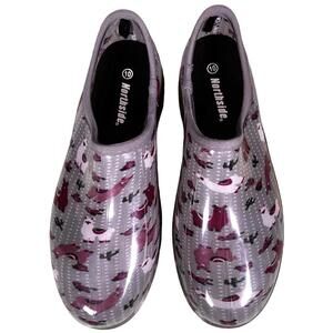NORTHSIDE   Women's 10    DAHLIA   Gray PVC Garden Clogs   Llama or Alpaca Print